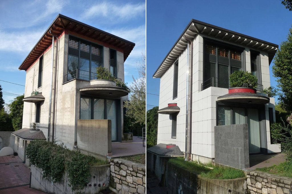 La palazzina prima e dopo l'intervento (foto Brianza Plastica