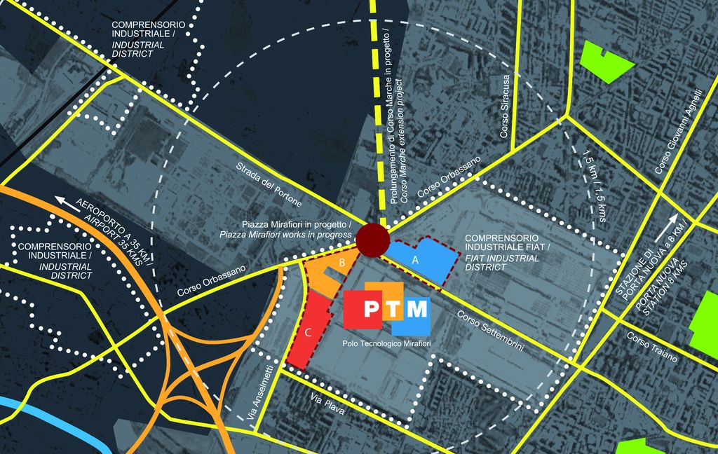 Planimetria dell'ex area industriale Mirafiori a Torino, con individuazione delle zone d'intervento: il concorso è mirato al riuso temporaneo di un edificio ampio 37.000 metri quadrati secondo criteri di sostenibilità