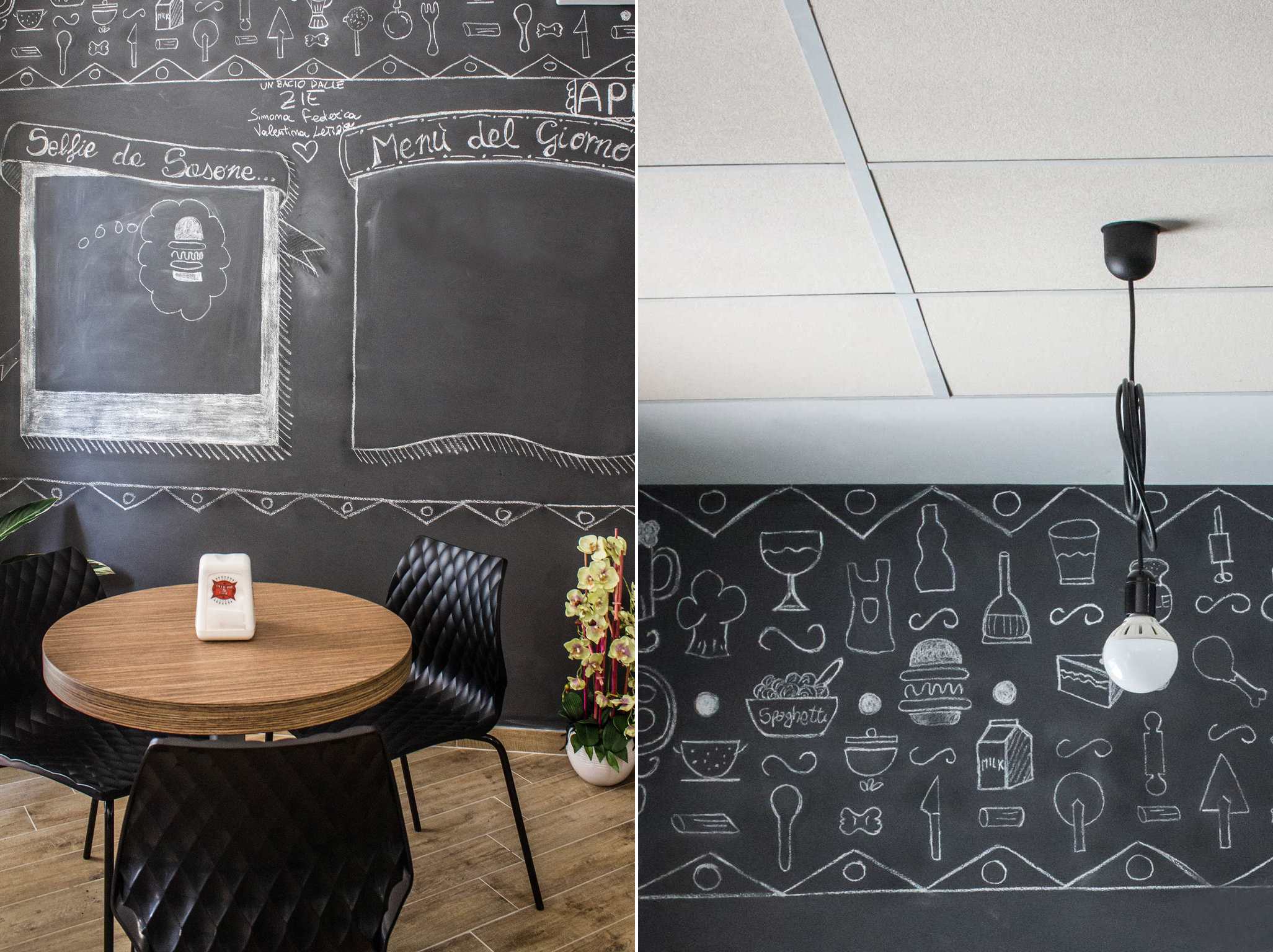 La parete è stata decorata personalmente da Rosamaria Faralli con disegni che rimandano al tema della cucina 8foto di Rosamaria Faralli)