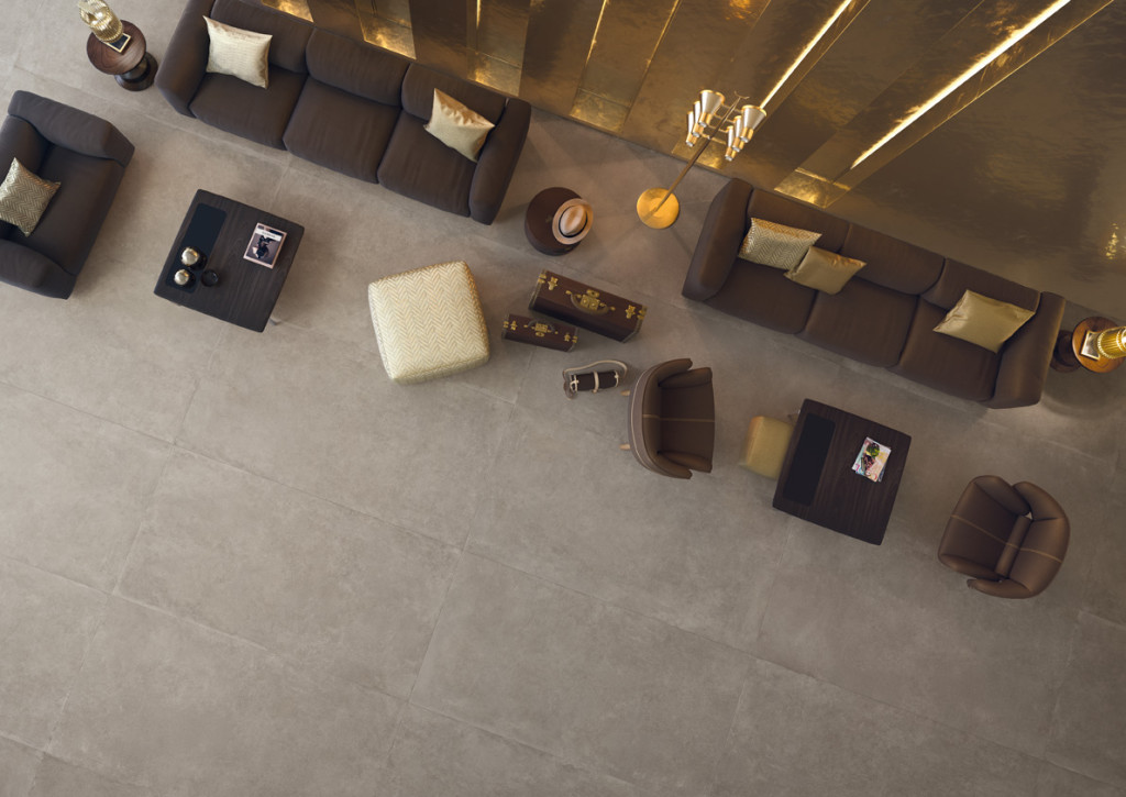 Pavimento in grès porcellanato Moov di Ceramiche Keope, nel nuovo maxi formato cm 120x240, proposto nel colore Grey.