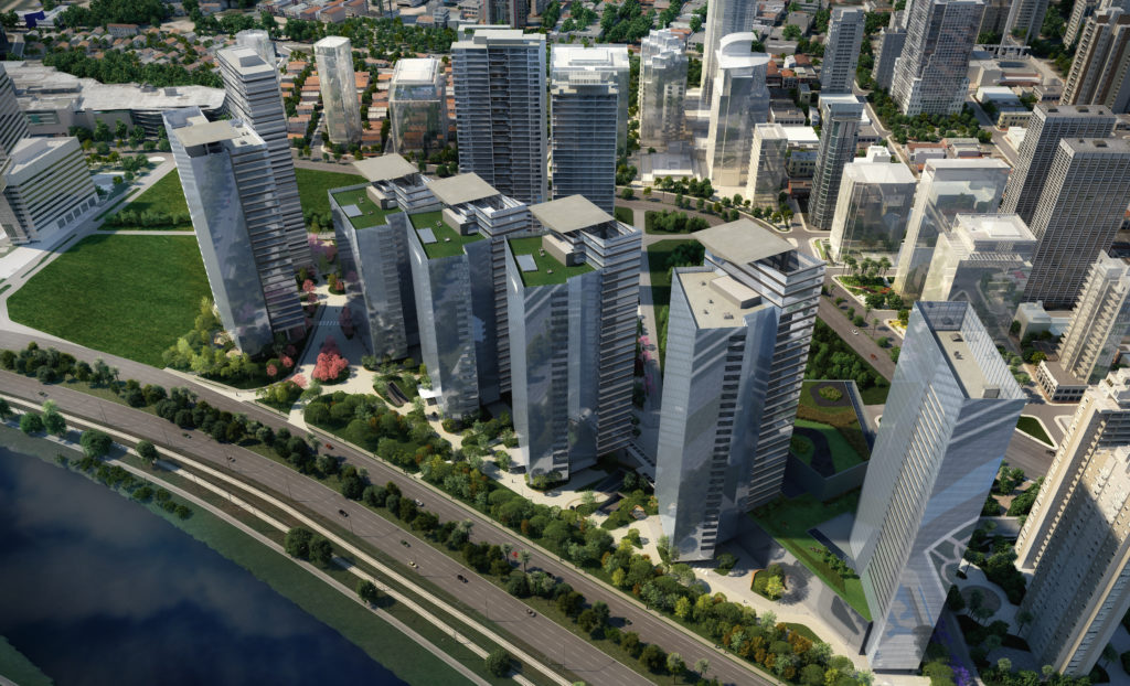  Engbras. Park City, The Glebe, San Paolo- Brasile. Il complesso è costituito da 10 edifici, 6 torri per uffici, 2 torri residenziali, un centro commerciale e un hotel su un’area di intervento di oltre 62.000 mq. Il progetto è stato coordinato da Odebrecht, con il supporto di Aflalo & Gasperini per la parte architettonica e di Arup per la sostenibilità. Engbras si è occupata dei calcoli strutturali. Software utilizzato: Aecosim Building Designer. 