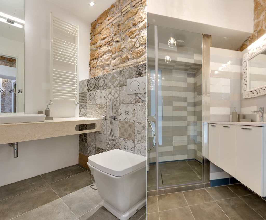 Due dei tre bagni dell’appartamento, rivestiti in piastrelle (foto Vincenzo Giglio)