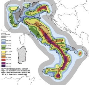 Mappa della pericolosità sismica in Italia.