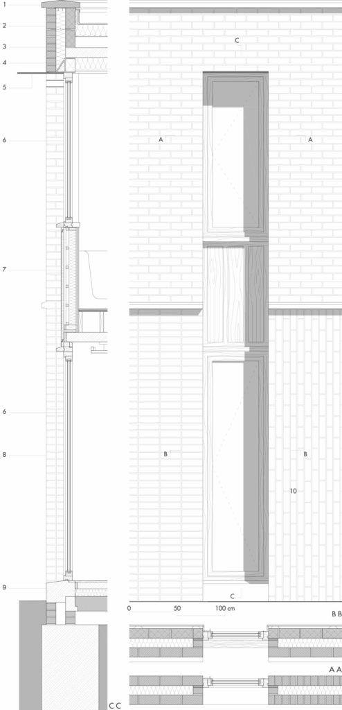 Dettaglio 3 | Prospetto e sezione verticale e orizzontali del fronte ovest in corrispondenza della finestratura a doppia altezza. Il fronte ovest presenta una finestratura a tutta altezza con telaio in rovere e vetrocamera che costituisce l’elemento di raccordo tra i tre diversi tipi di tessitura con i quali sono state realizzate le murature in laterizio. Legenda 1. copertina in calcestruzzo prefabbricato; 2. muratura in mattoni faccia a vista a corsi orizzontali; 3. isolamento 4. architrave metallica isolata; 5. frangisole in alluminio anodizzato; 6. finestra con telaio in quercia; 7. pannello in quercia isolato; 8. muratura in mattoni faccia a vista a corsi orizzontali e giunti allineati; 9. soglia in calcestruzzo prefabbricato; 10. muratura in mattoni faccia a vista a corsi verticali.
