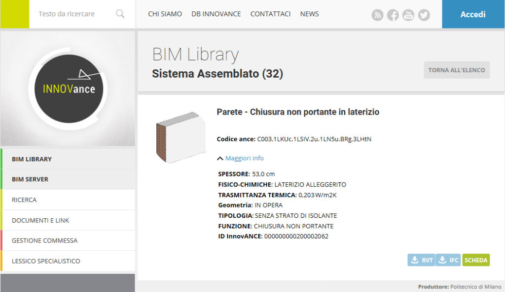 1. Piattaforma INNOVance: BIM Library, sistema assemblato scheda “Parete - Chiusura non portante in laterizio” (corrispondente alla stratigrafia n. 1 della tabella 2). 