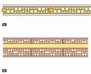 3. Esempi di stratigrafie di divisori in laterizio: tramezza a fori verticali con giunti ad incastro (3a) e muratura pluristrato con tramezze preincise a incastro per divisori tra unità abitative (3b). 