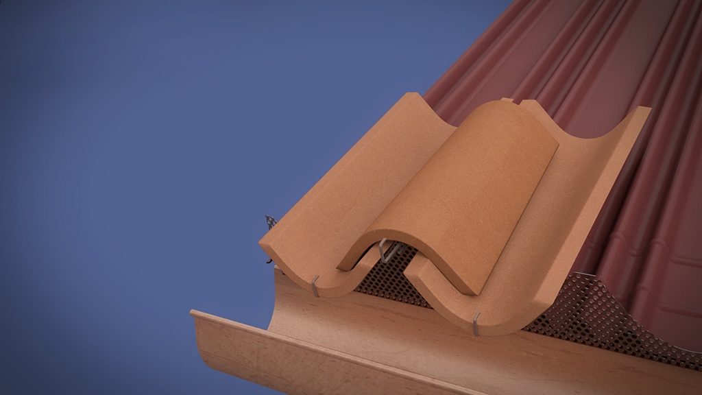 Posa della prima fila di coppi con ganci di fissaggio