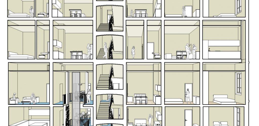 Cohousing: i servizi e gli spazi da condividere sono distribuiti ad ogni piano.