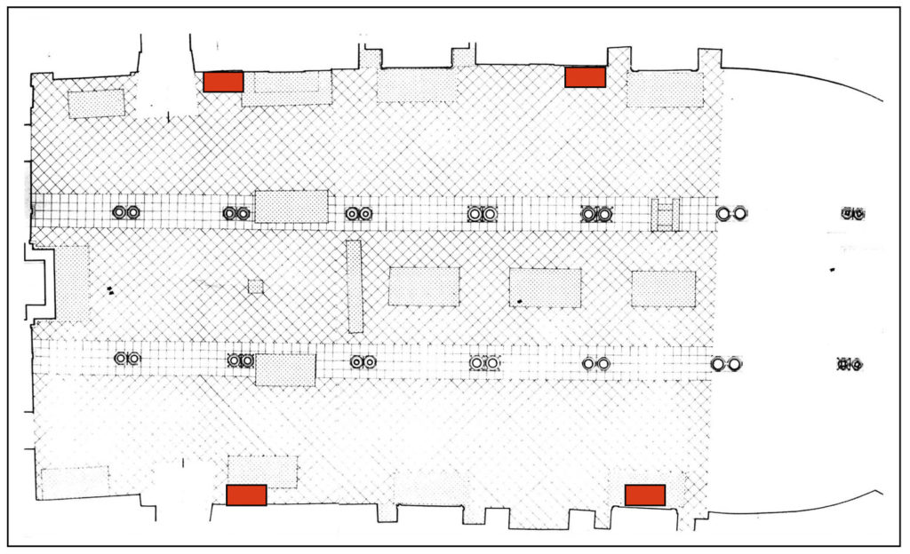 Planimetria della cripta con indicata in rosso la posizione dei 4 dispositivi Genié.