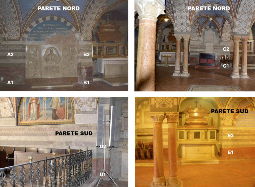 Le 5 zone della cripta in cui sono stati effettuati i rilievi dell'umidità.