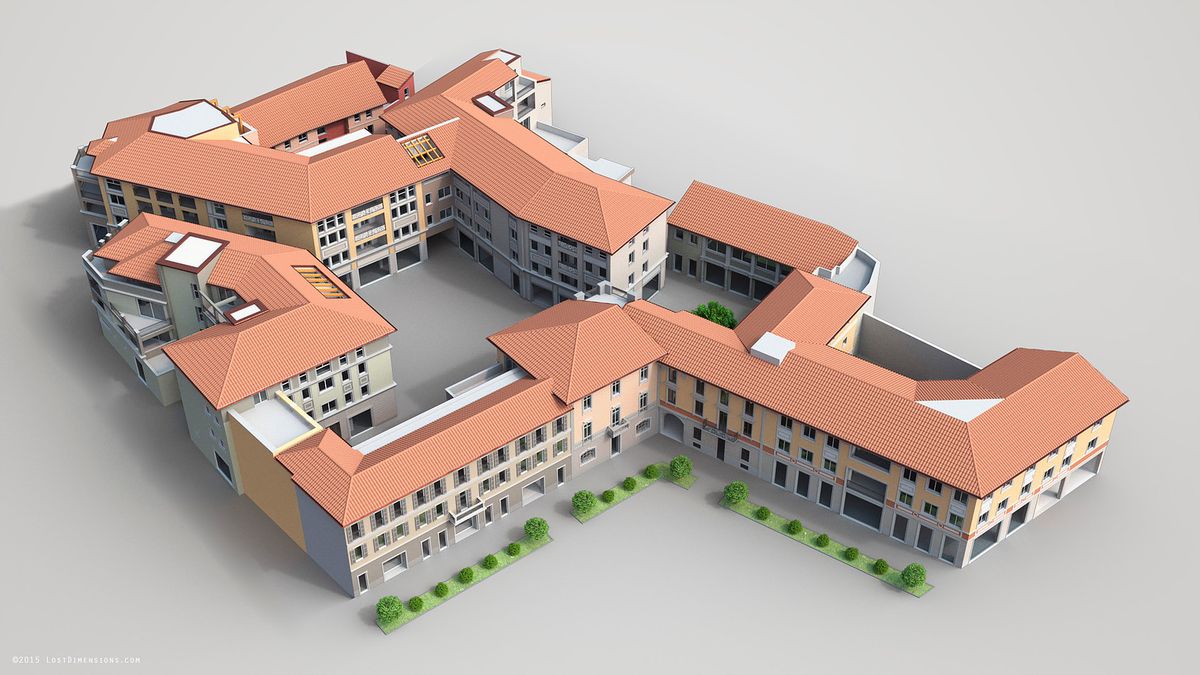 Render della Residenza del Conte: si tratta di un intervento di recupero di 11.500 mq, con nove palazzine da due e tre piani.