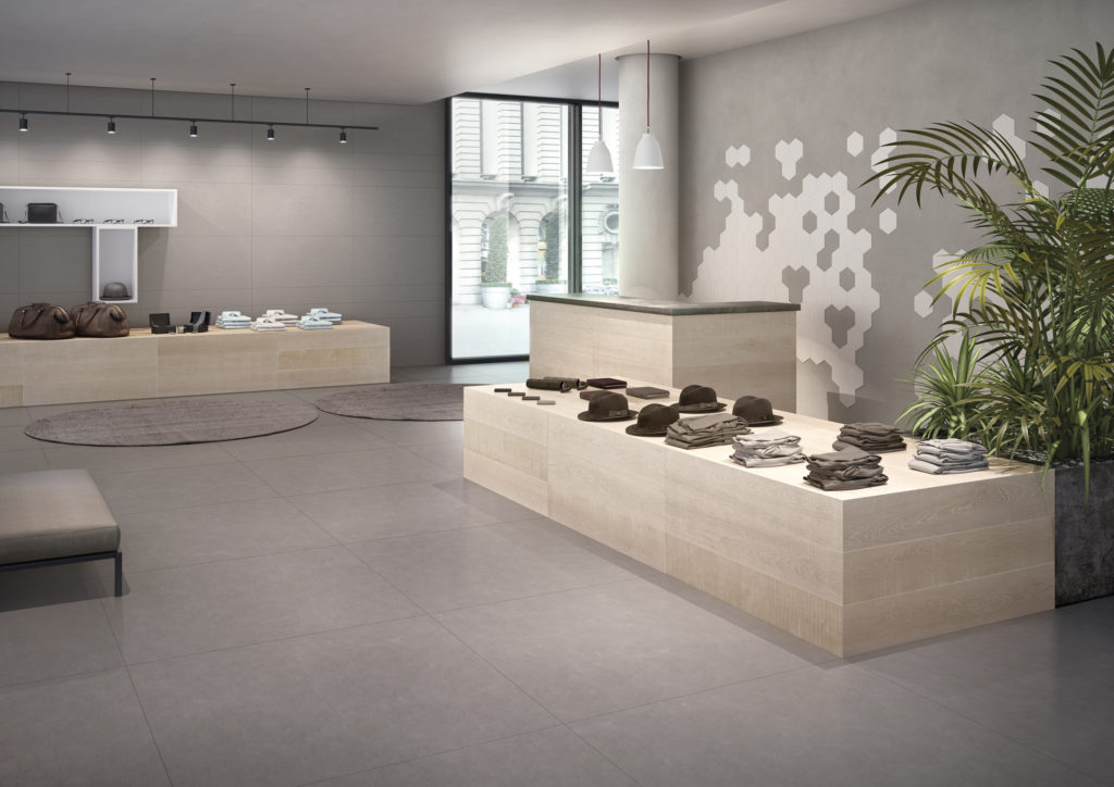Showroom realizzato con Elements Design Grey (foto Ceramiche Keope)