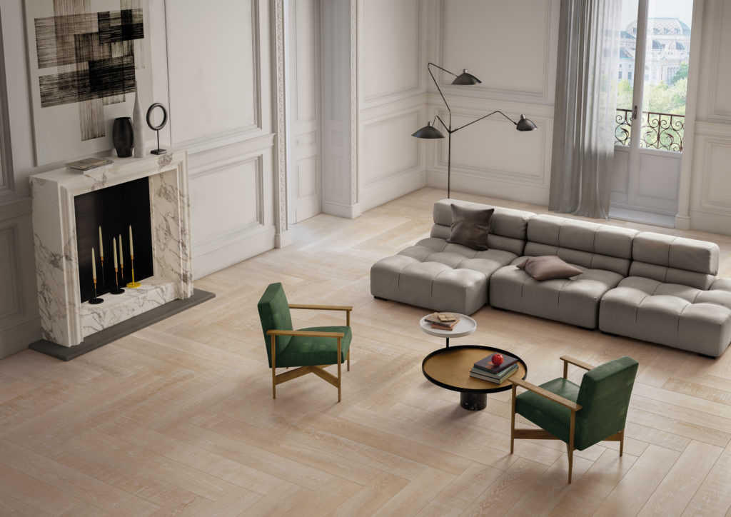 Ambiente living dal mood sofisticato realizzato con Elements Natural Ivory (foto Ceramiche Keope) 