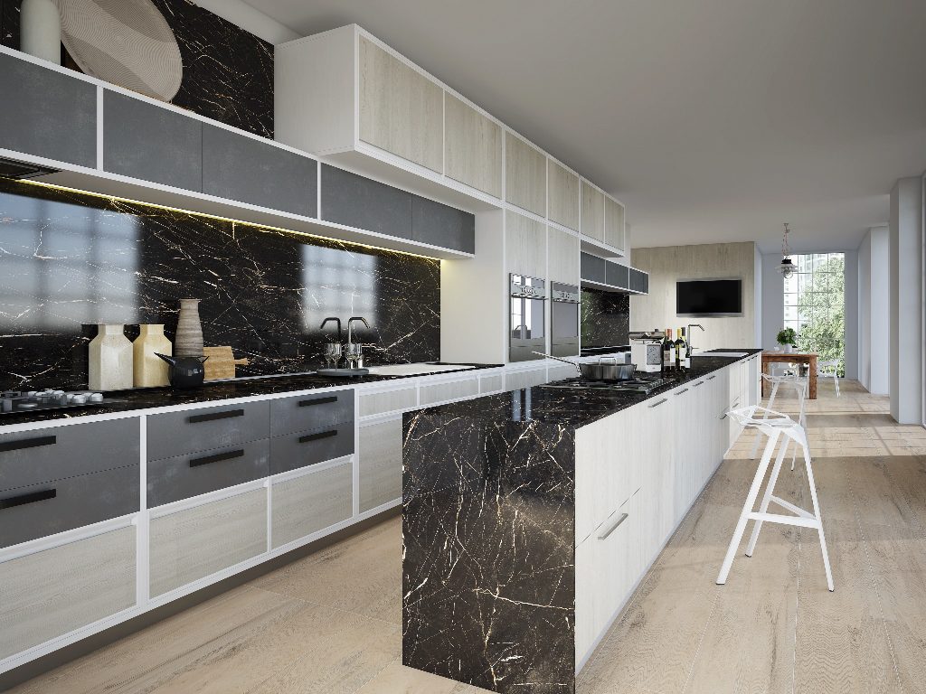Top cucina, collezione Maximus, nella finitura Marquinia gloss.(foto Stone Italiana)