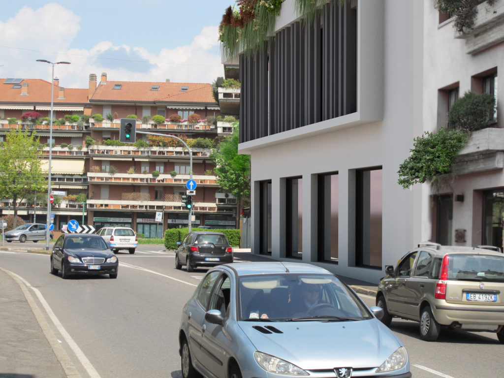 simulazione del cantiere ultimato dell’edificio sul fronte di via Muzio da sud.