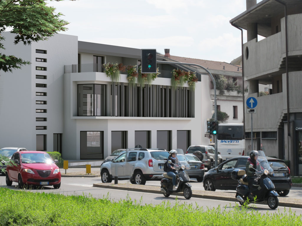 Simulazione del cantiere ultimato dell’edificio fronte via Muzio da nord.