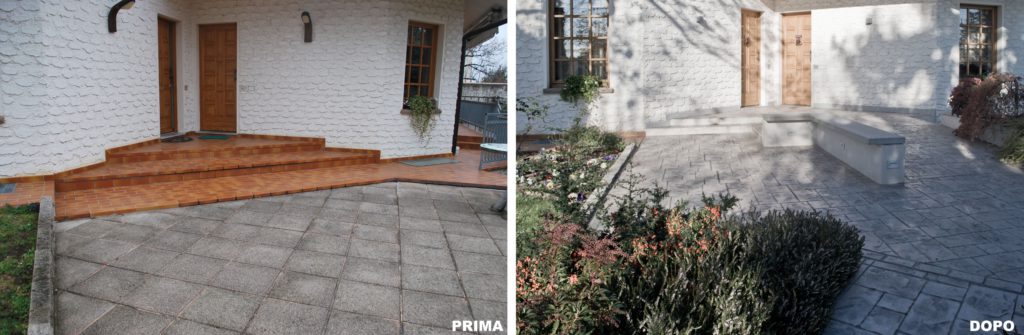 La zona dell’ingresso alle abitazioni prima e dopo l’intervento. Ora il dislivello è facilmente superabile sia tramite rampa sia tramite gradino. Lo spiazzo antistante è stato riqualificato e ha assunto un preciso ruolo.