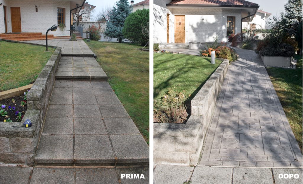 La zona dell’accesso prima e dopo l’intervento. I gradini sono stati eliminati.