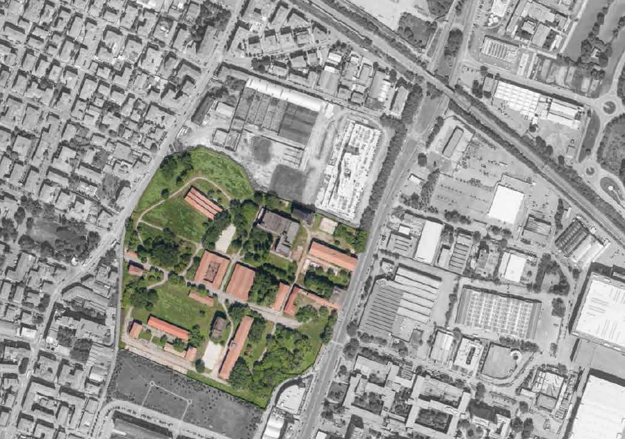 Vista aerea dell'area dell'ex caserma Sani a Bologna.