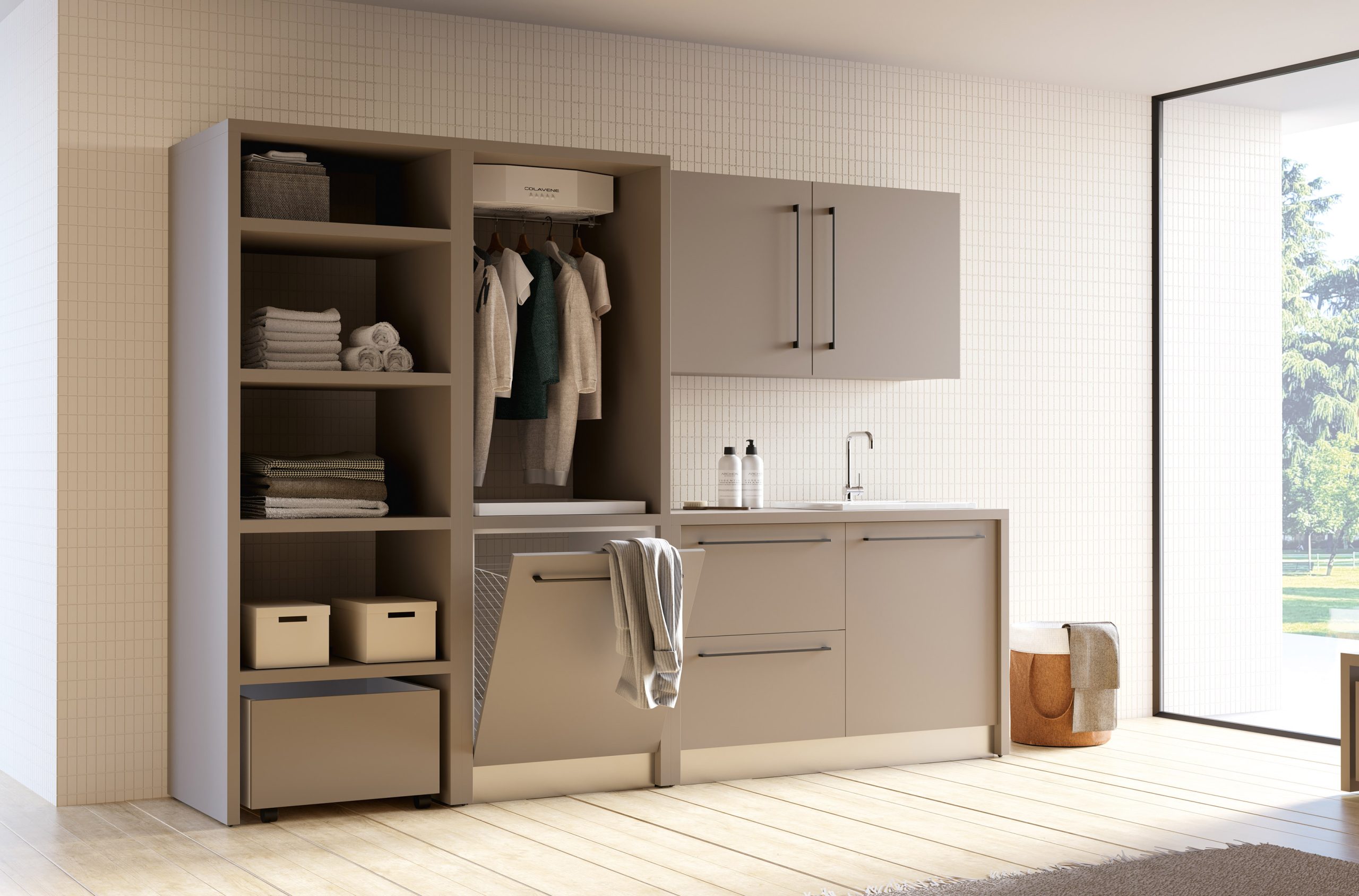 Sistema modulare SmarTop di Colavene con mobili funzionali e l’innovativo asciugatoio Smart-Dry integrato.