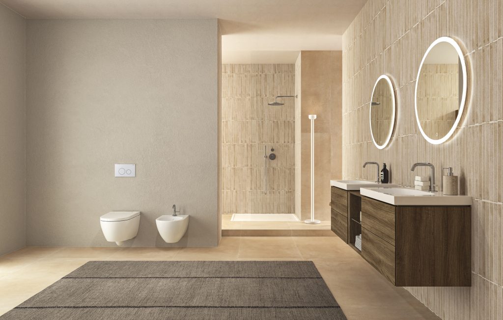 Bagno Geberit_AquaClean Alba, bidet Acanto, placca di comando Sigma40, piatto doccia Sestra, mobile One, doppio lavabo Acanto e doppio specchio Option