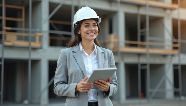 Ingegnere edile in cantiere utilizza tablet per la gestione amministrativa imprese edili con software in cloud