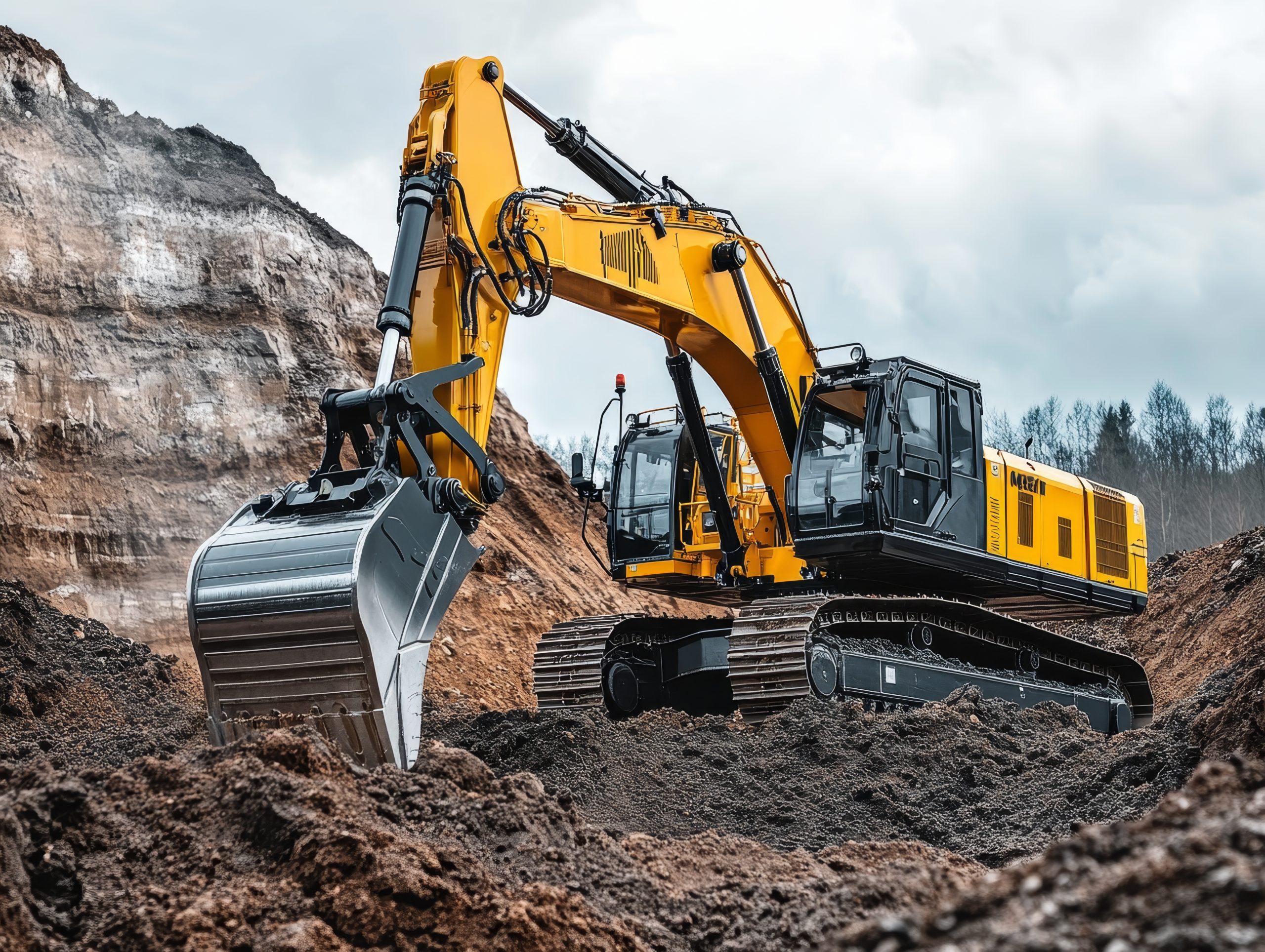 Futuristic electric excavator in field with dynamic color scheme showcasing high tech innovation