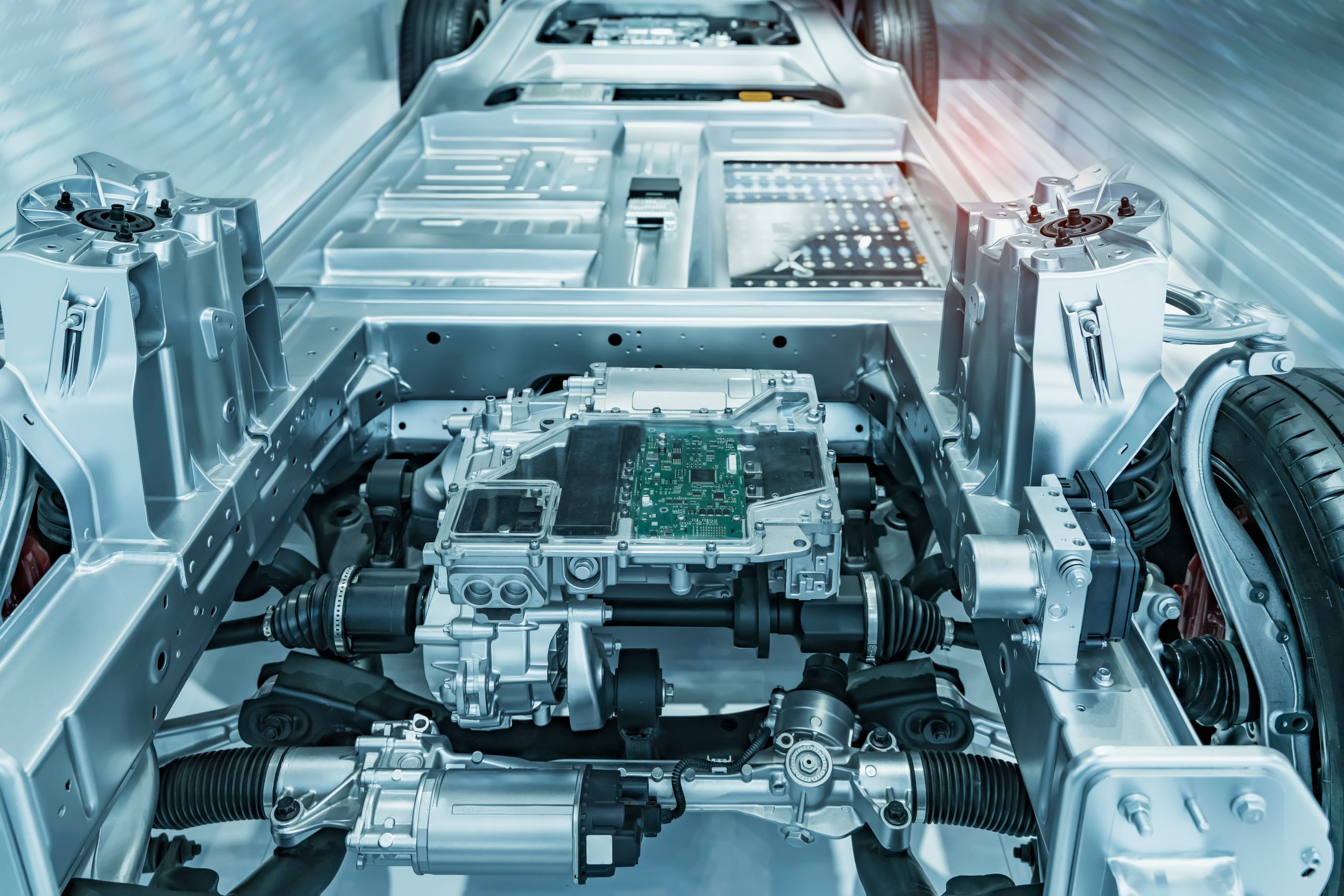 Chassis,Of,The,Electric,Car,With,Powertrain,And,Power,Connection,electric Optimization of NVH performances in electric vehicles