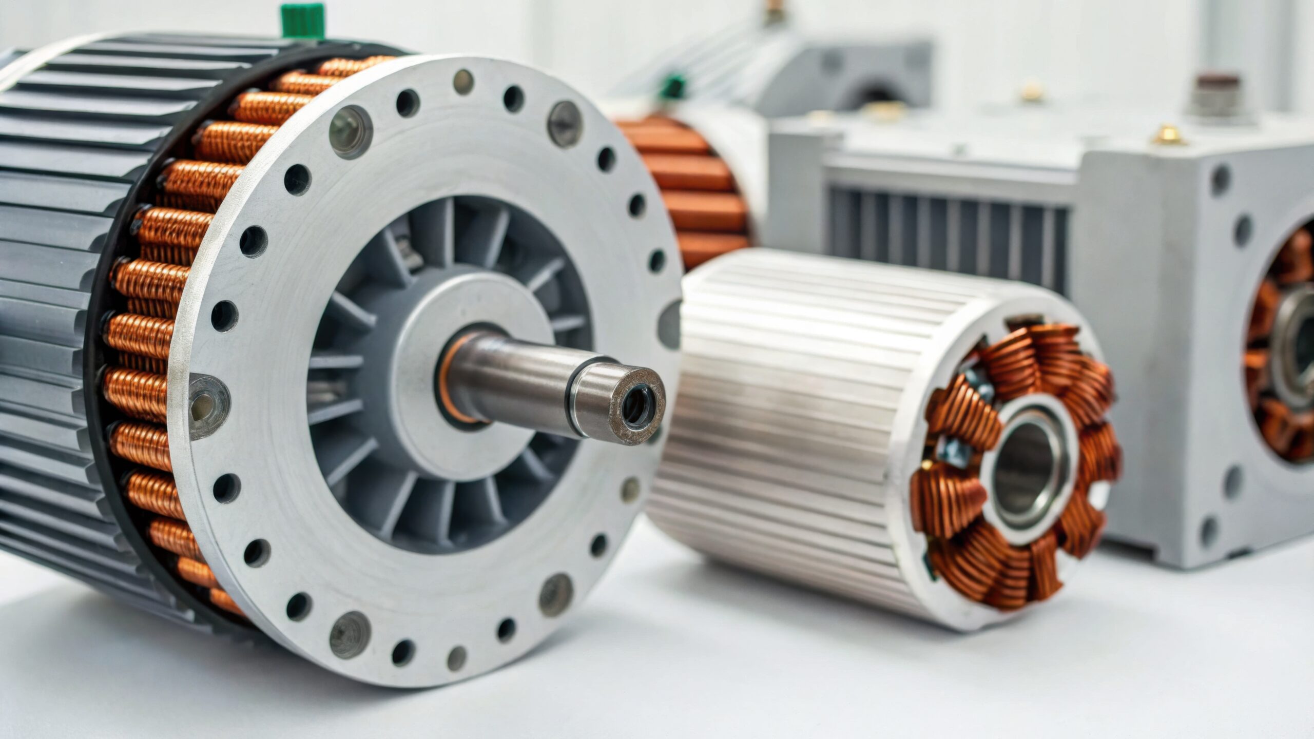 The image showcases several electric motors, highlighting their intricate designs and copper winding, emphasizing advancements in technology.