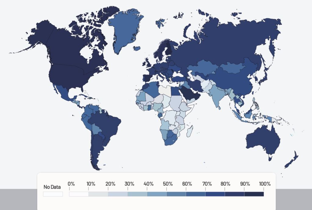 Digital DivideQuota di popolazione che utilizza Internet, 2020.