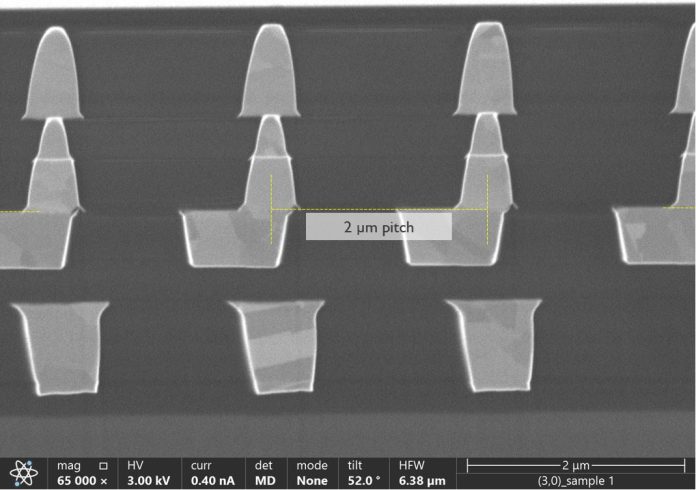 Fig2_FusPack_005_2025 Figura 2 – Un’immagine, ottenuta con microscopio elettronico a scansione (SEM), mostra un test di bonding ibrido D2W (die-to-wafer) con distanza tra i pad di 2 micrometri (fonte: IMEC)