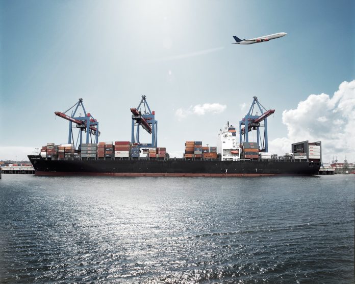 Airfreight, vessel, ship, boat, plane, sky, sea, no people Fineline DSV