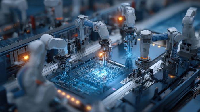 An overhead shot of a bonding station featuring a series of automated machines working in unison emphasizing the integration of robotics and automation within nearshore microchip manufacturing Automazione