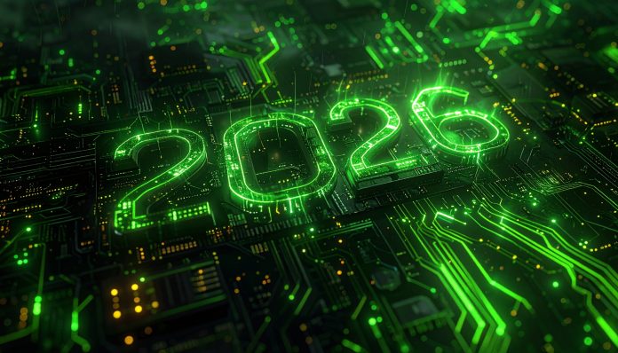 Cybernetic 2026: An illuminated display of the year 2026, rendered in a futuristic, neon green font against a complex circuit board, symbolizing technological advancement and future innovation. previsione 2026