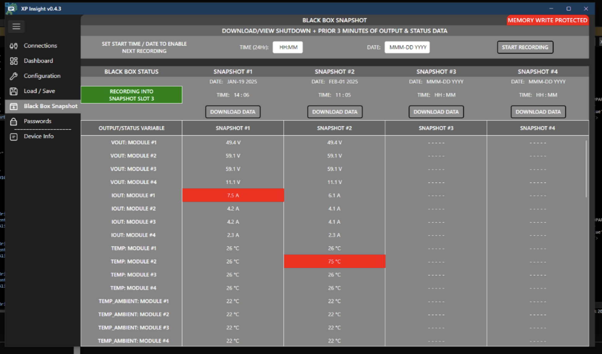 Figura 3 – Come la scatola nera di un aereo, FLXPro Black box Snapshot registra i dati chiave che hanno portato ad un evento
