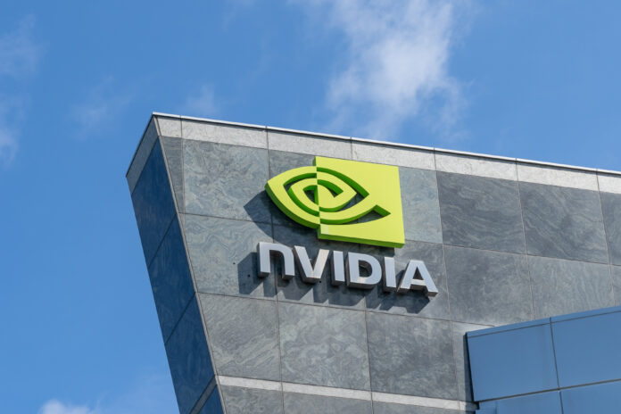 Close up of Nvidia logo and sign on the building at the headquarters in Santa Clara, California, USA - June 11, 2023. Nvidia Corporation is an American multinational technology company. NVIDIA