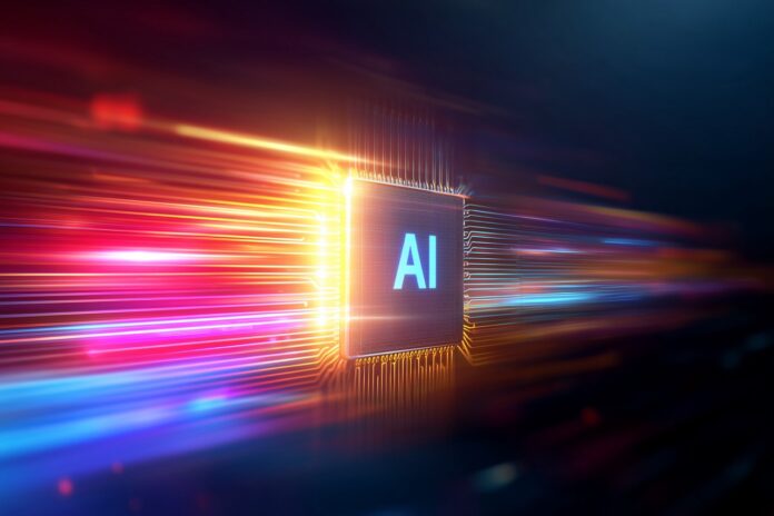 Futuristic AI processor glowing data streams, artificial intelligence chip accelerating digital information flow, machine learning technology, cyber computing power high speed neural network concept Ultimissime