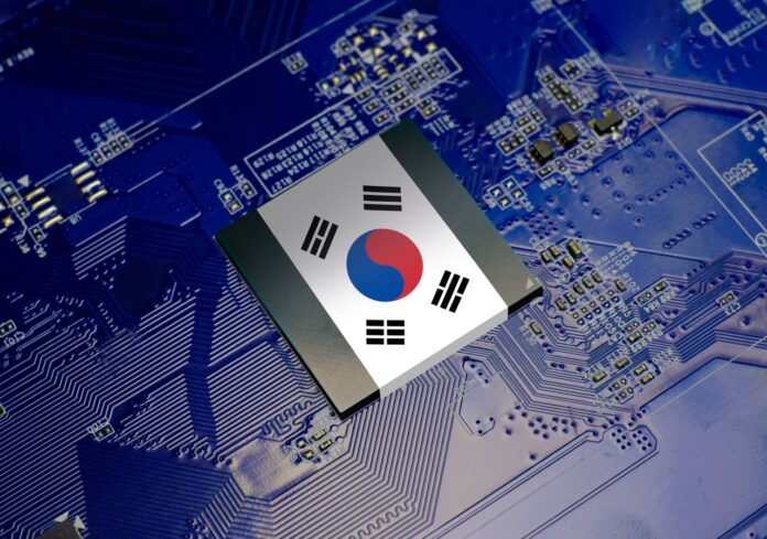 South Korea flag on CPU operating chipset computer electronic circuit board Corea del sud