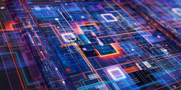 Digital information architecture: Multilayer network grid representing data flow, quantum computational systems, virtual infrastructure design. Information technology, cybersecurity, AI data science Samsung