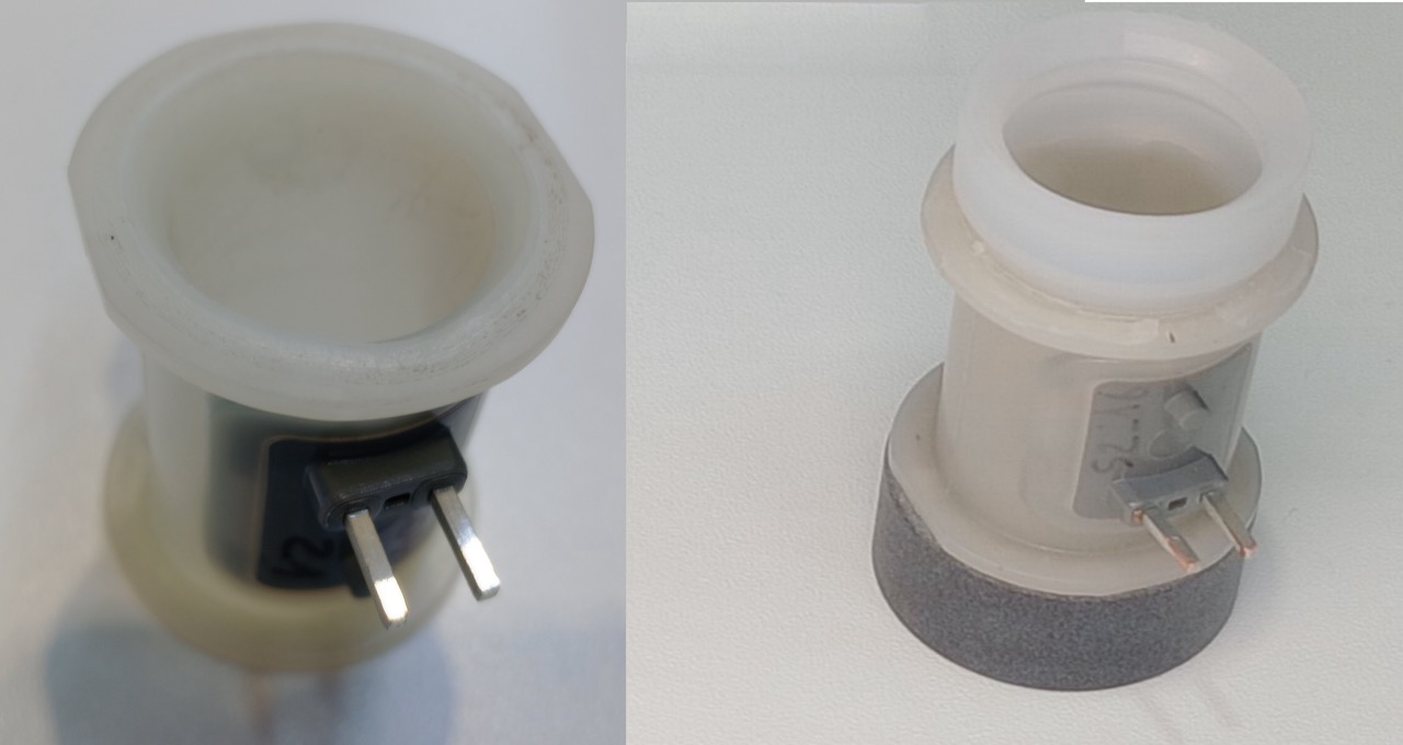 Figura 4 – A sinistra, il corpo del sensore Inxsense integrato nel raccordo e a destra il raccordo con applicate le flange.