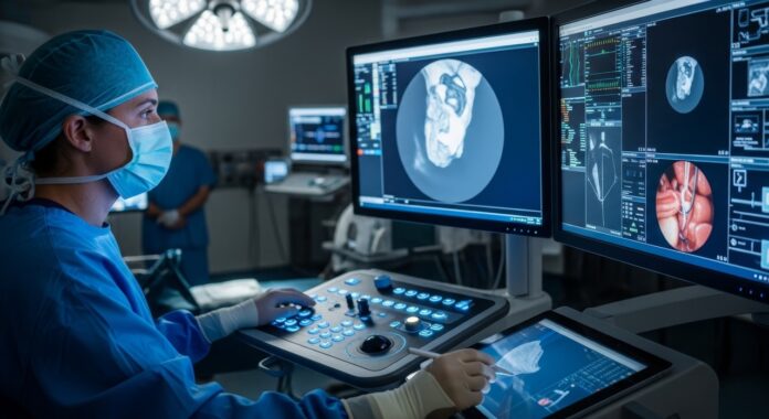 Woman surgeon monitoring robotic surgery on screen in operating room. Medical professional using advanced digital imaging technology for precision procedure. Modern hospital healthcare equipment. Dispositivi Medicali
