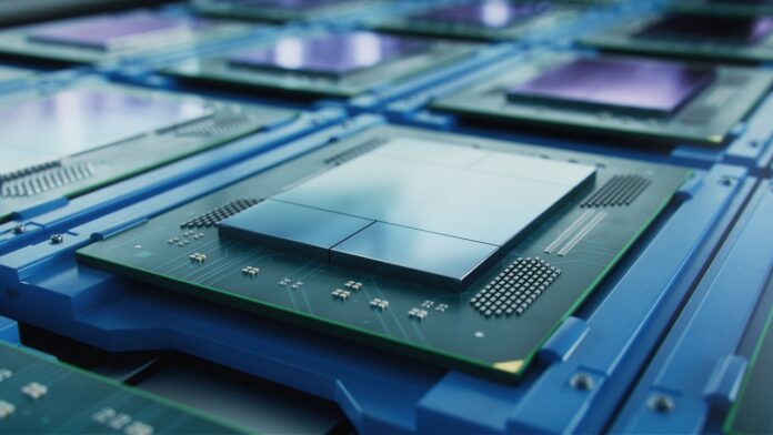 Macro Shot of Computer Processor Production Line at Advanced Semiconductor Foundry in Bright Environment. Microchip Factory. agentica