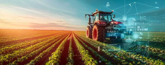 Advanced farming technology with a modern tractor in a vast field at sunset Smart Farming