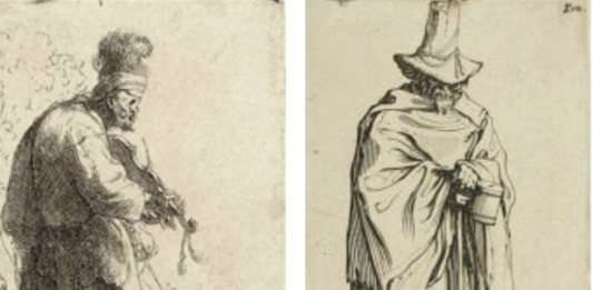Fig. 5 Il violinista cieco, 1631, Rembrandt Van Run, National Gallery of Art, Washington, DC. Fig. 6 Il cieco e il suo cane, 1622, Jacques Callot, Collection de la Bibliothèque National de France, Parigi.