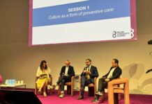 La cultura come terapia: un nuovo alleato della longevità? i relatori del panel: da sinistra Michela D'Onofrio, Nic Palmarini, Nicola Formichella, Luca Tesauro