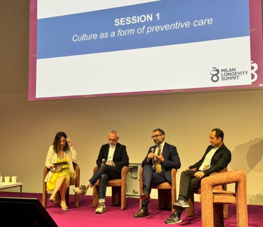La cultura come terapia: un nuovo alleato della longevità? i relatori del panel: da sinistra Michela D'Onofrio, Nic Palmarini, Nicola Formichella, Luca Tesauro