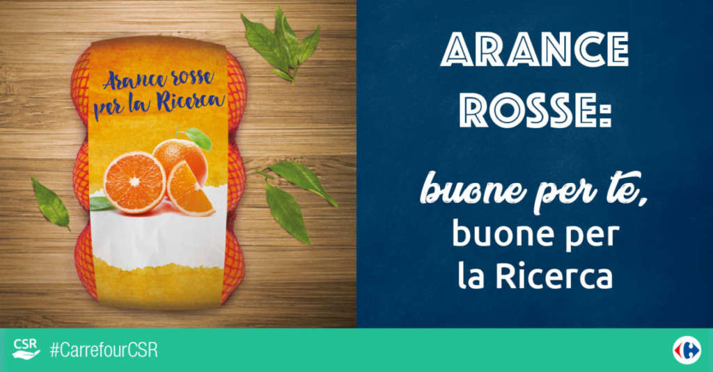 La Arance rosse per la ricerca, varietà Tarocco: nei punti vendita Carrefour, a insegna Ipermercati, Market ed Express, sono state vendute 90.328 confezioni da 2 kg