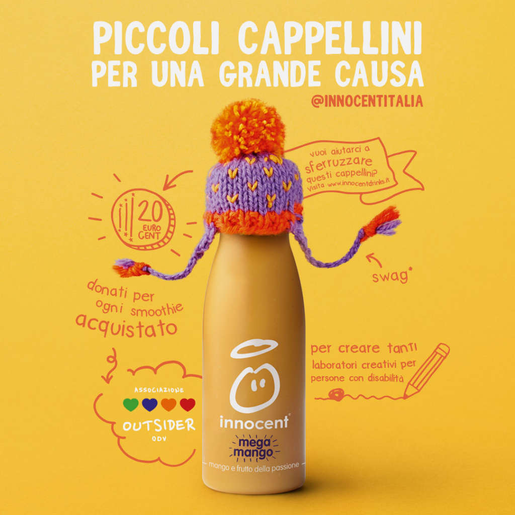 Dalla prima settimana di marzo gli smoothie innocent avranno una cuffietta di lana sul tappo lavorata a maglia. L'iniziativa benefica si chiama Tanto di cappellino e ha agià riscosso successo in altri Paesi
