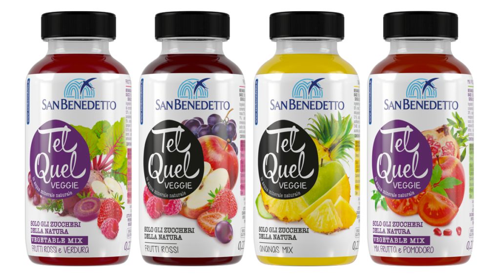 San Benedetto Tel Quel si presenta in 4 gusti, con mix di frutta e verdure scelti tra i superfood