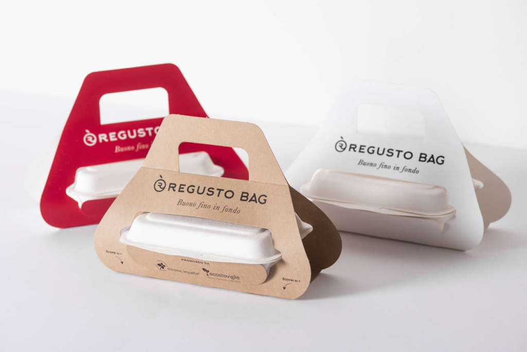 Il pack per i piatti da asporto Regusto è realizzato con materiale compostabile certificato